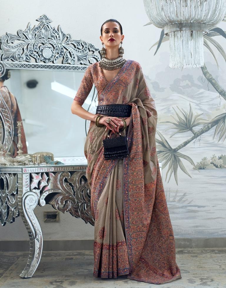 Beige Jacquard Silk Saree