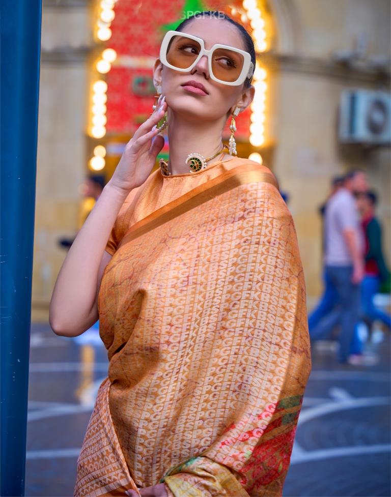 Orange Self Woven Silk Saree