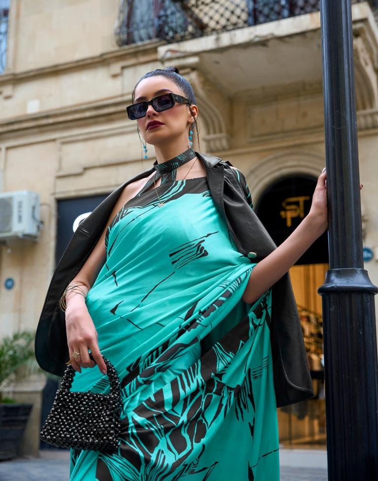 Turquoise Printed Silk Saree
