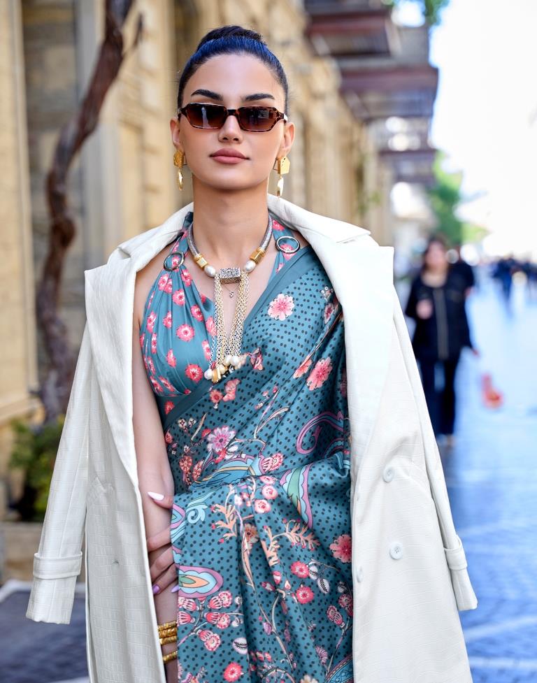 Teal Blue Printed Silk Saree