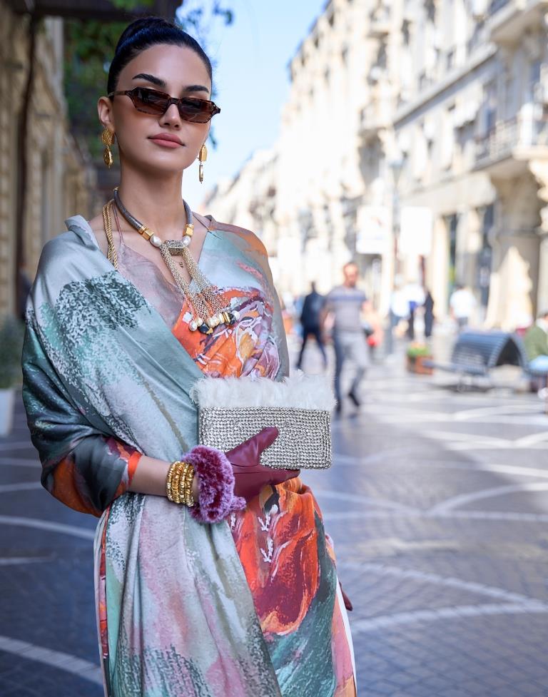 Light Blue Printed Silk Saree