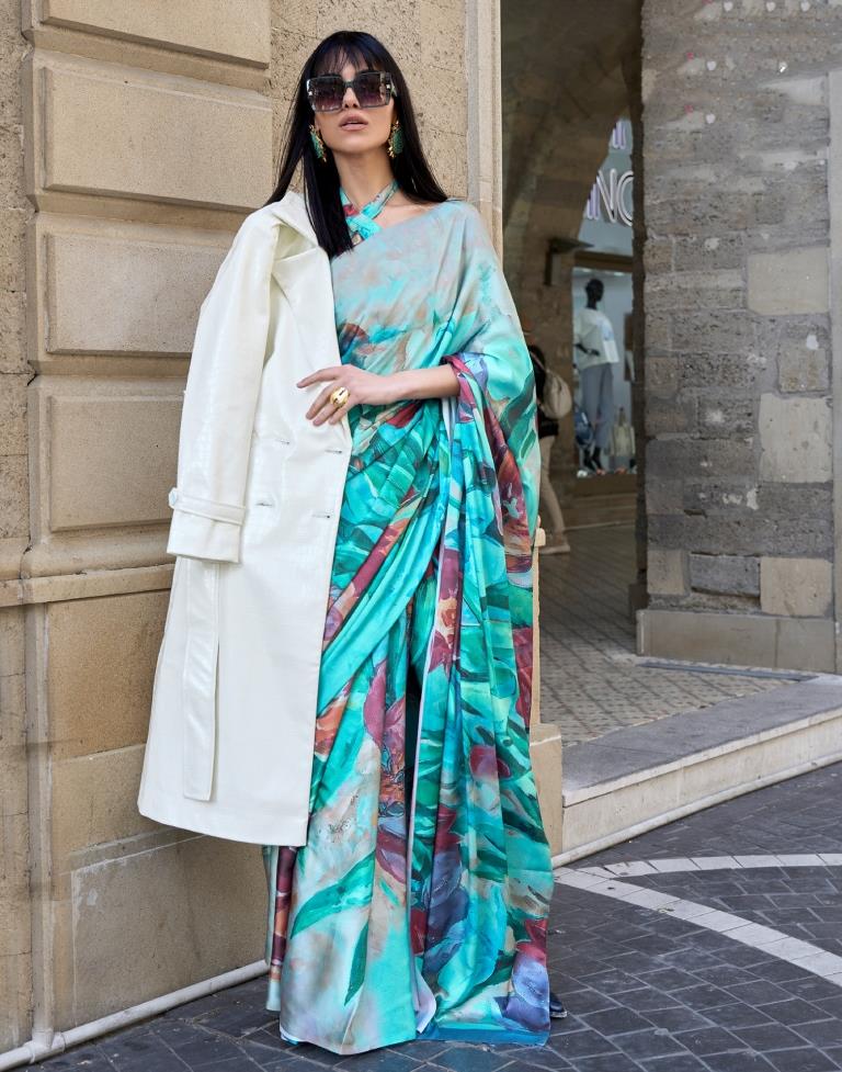 Turquoise Printed Silk Saree