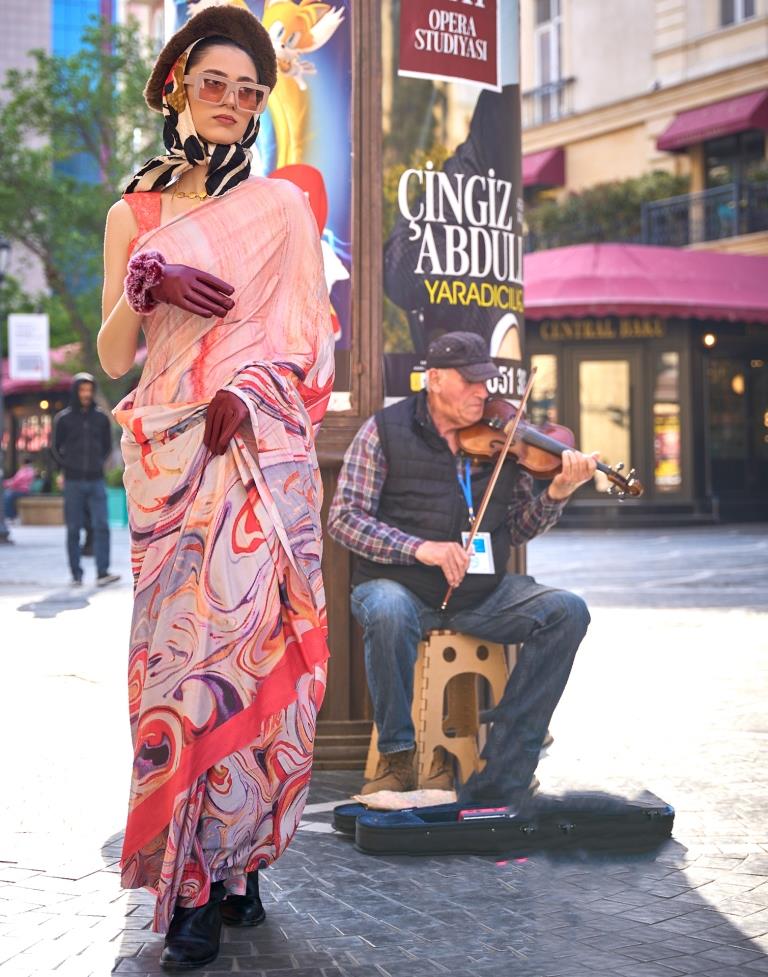 Peach Printed Silk Saree