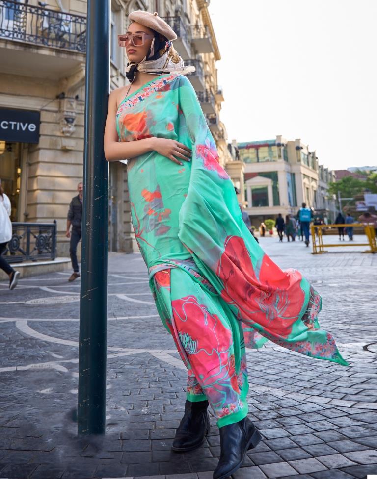 Turquoise Printed Silk Saree