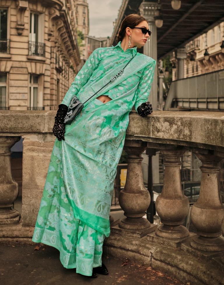 Turquoise Jacquard Organza Saree