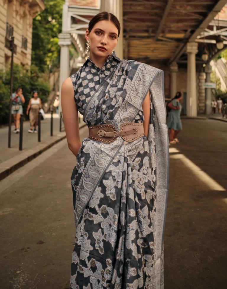 Grey Jacquard Organza Saree