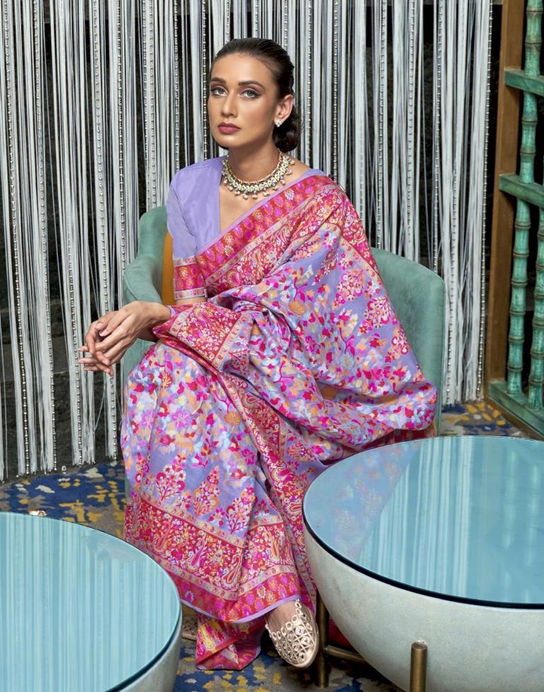 Lavender & Multicoloured Weaving Silk Saree