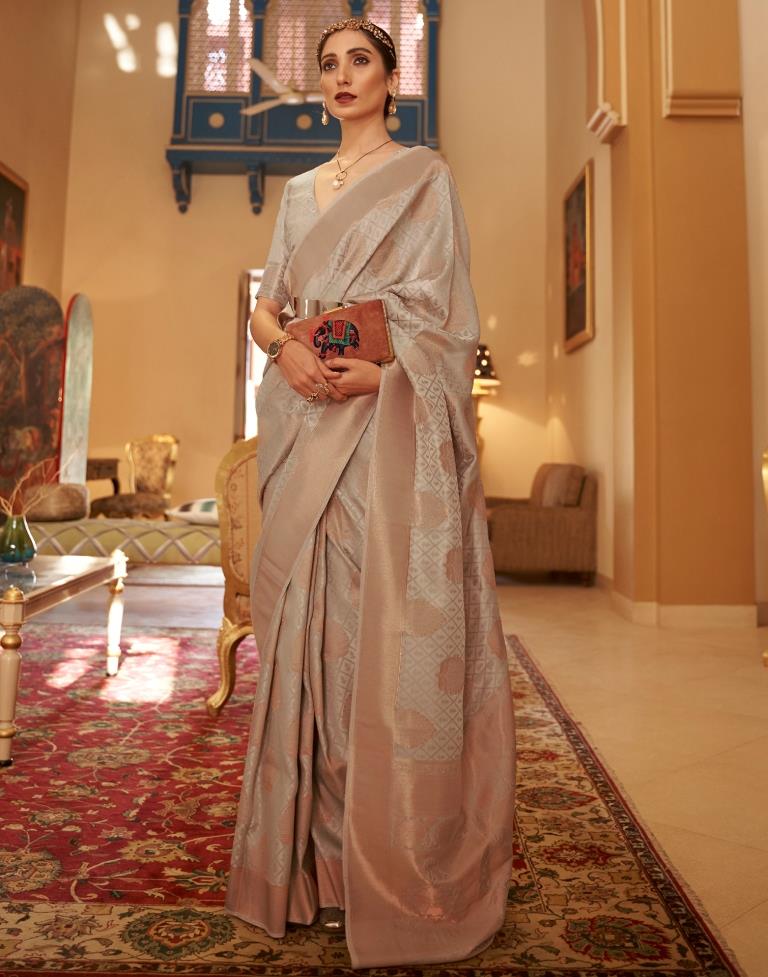 Beige Jacquard Silk Saree