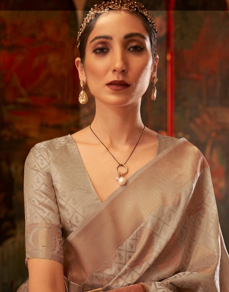 Beige Jacquard Silk Saree