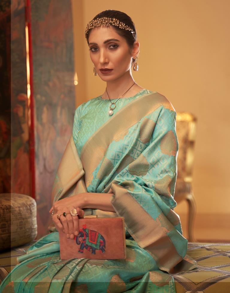 Turquoise Jacquard Silk Saree
