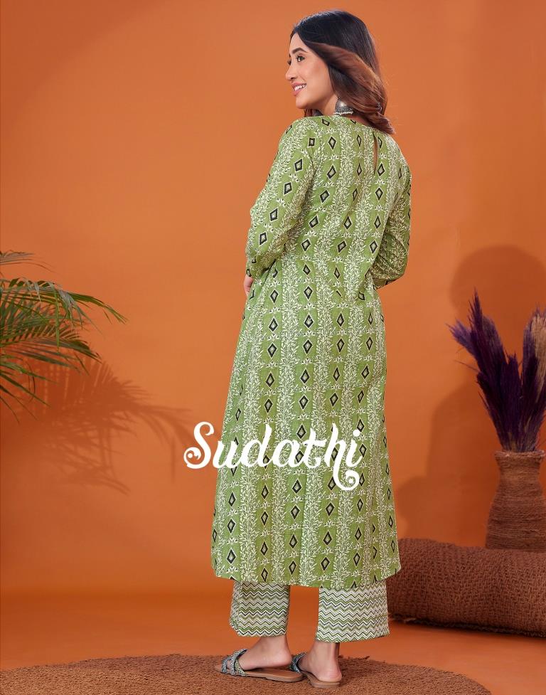 Green Cotton Printed Flared Kurta With Pant Set