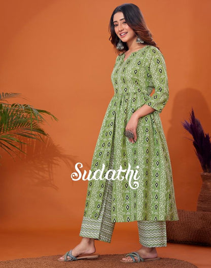 Green Cotton Printed Flared Kurta With Pant Set