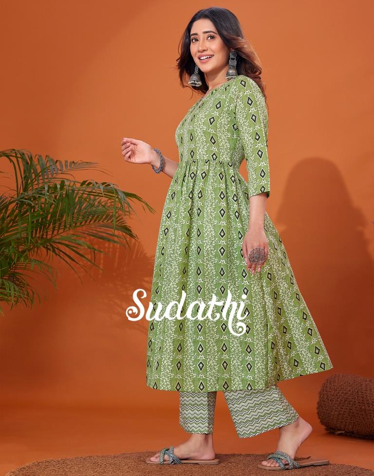 Green Cotton Printed Flared Kurta With Pant Set