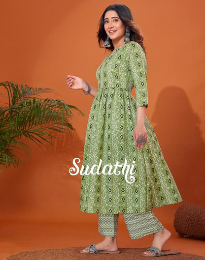 Green Cotton Printed Flared Kurta With Pant Set