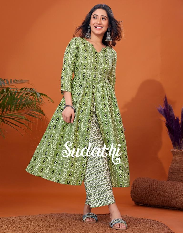 Green Cotton Printed Flared Kurta With Pant Set