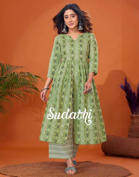 Green Cotton Printed Flared Kurta With Pant Set