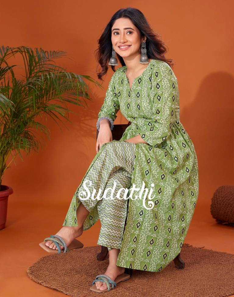 Green Cotton Printed Flared Kurta With Pant Set
