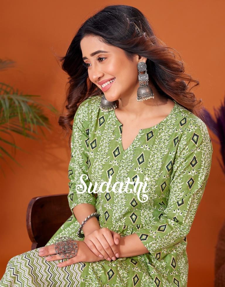 Green Cotton Printed Flared Kurta With Pant Set