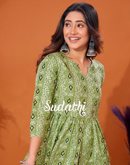 Green Cotton Printed Flared Kurta With Pant Set