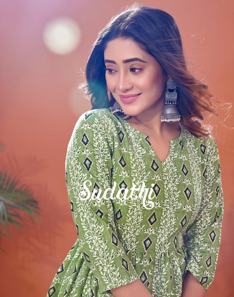 Green Cotton Printed Flared Kurta With Pant Set