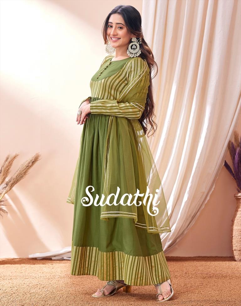 Green Weaved Kurta With Pant And Dupatta