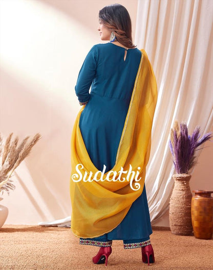 Teal Blue Embroidered Kurta With Pant And Dupatta