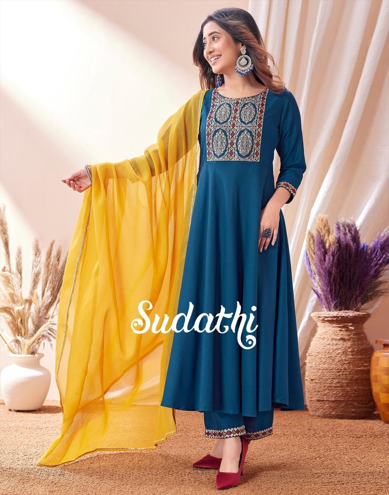 Teal Blue Embroidered Kurta With Pant And Dupatta