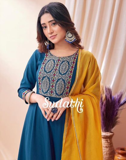 Teal Blue Embroidered Kurta With Pant And Dupatta