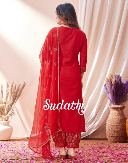 Red Embroidered Kurti With Pant And Dupatta