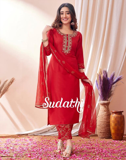 Red Embroidered Kurti With Pant And Dupatta