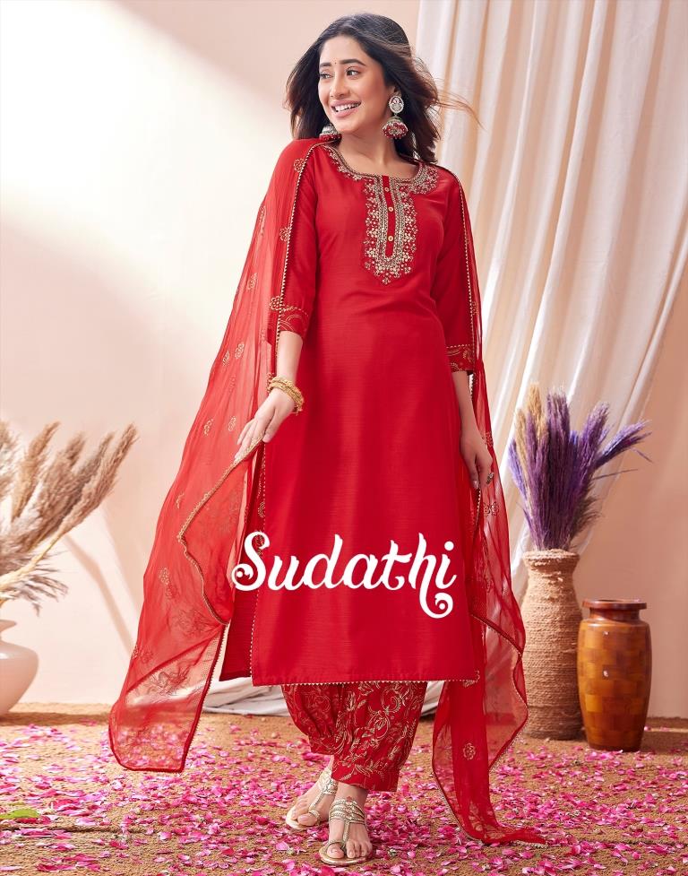 Red Embroidered Kurti With Pant And Dupatta