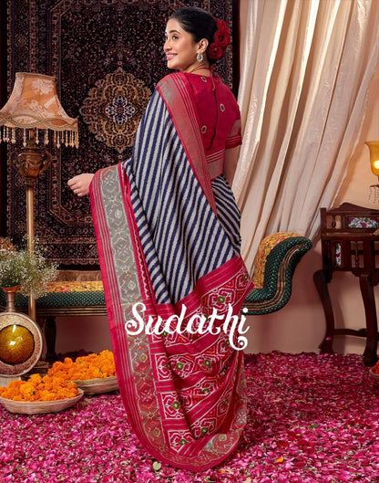 Navy Blue & Red Printed Silk Saree