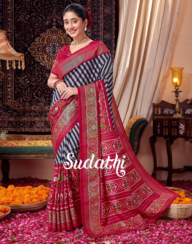Navy Blue & Red Printed Silk Saree