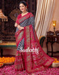 Navy Blue & Red Printed Silk Saree