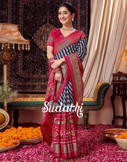 Navy Blue & Red Printed Silk Saree