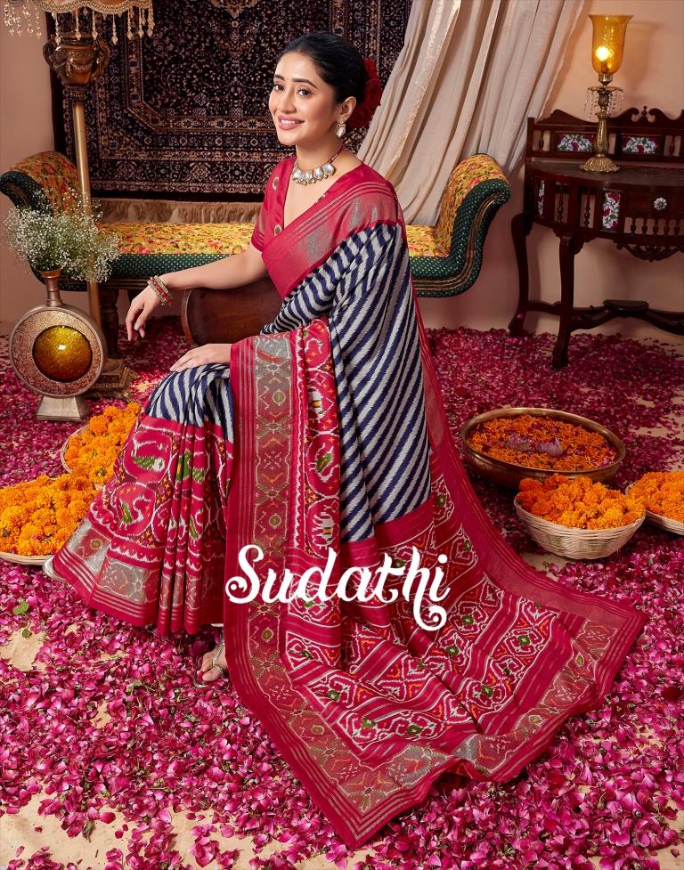 Navy Blue & Red Printed Silk Saree