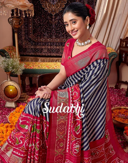 Navy Blue & Red Printed Silk Saree