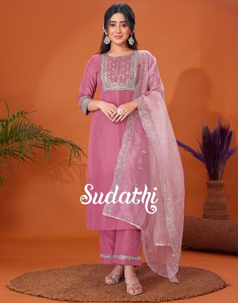 Dusty Pink Embroidered Kurta With Pant And Dupatta