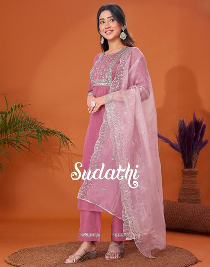 Dusty Pink Embroidered Kurta With Pant And Dupatta