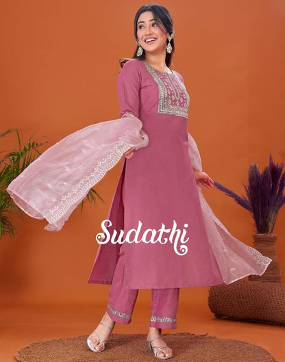 Dusty Pink Embroidered Kurta With Pant And Dupatta