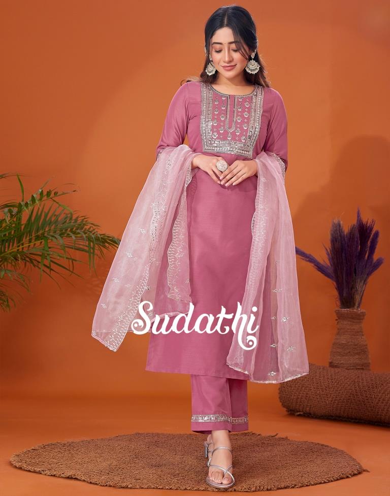 Dusty Pink Embroidered Kurta With Pant And Dupatta