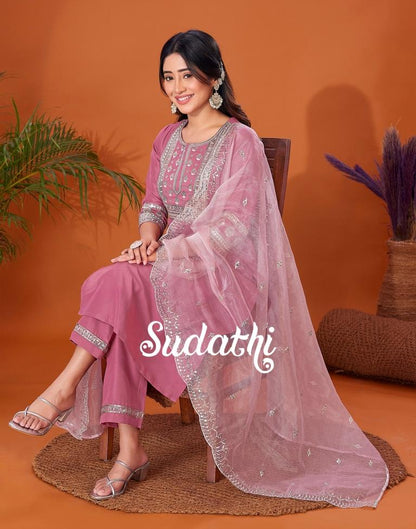 Dusty Pink Embroidered Kurta With Pant And Dupatta