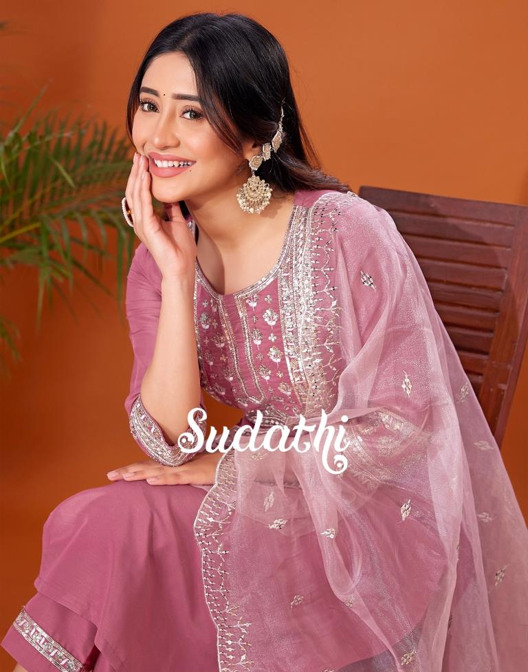 Dusty Pink Embroidered Kurta With Pant And Dupatta