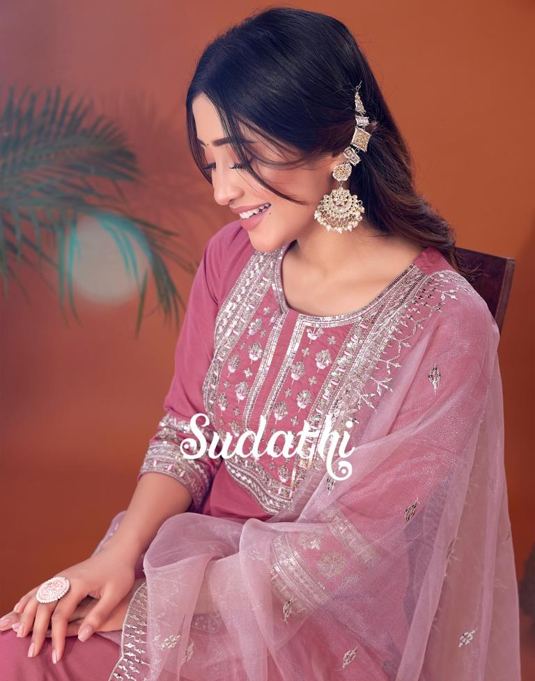 Dusty Pink Embroidered Kurta With Pant And Dupatta