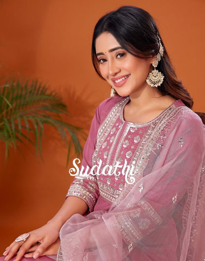 Dusty Pink Embroidered Kurta With Pant And Dupatta