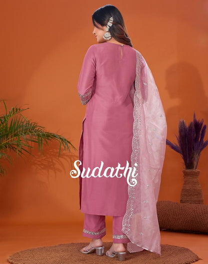 Dusty Pink Embroidered Kurta With Pant And Dupatta