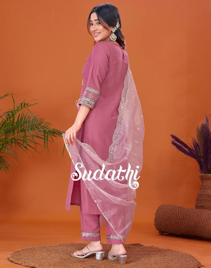 Dusty Pink Embroidered Kurta With Pant And Dupatta