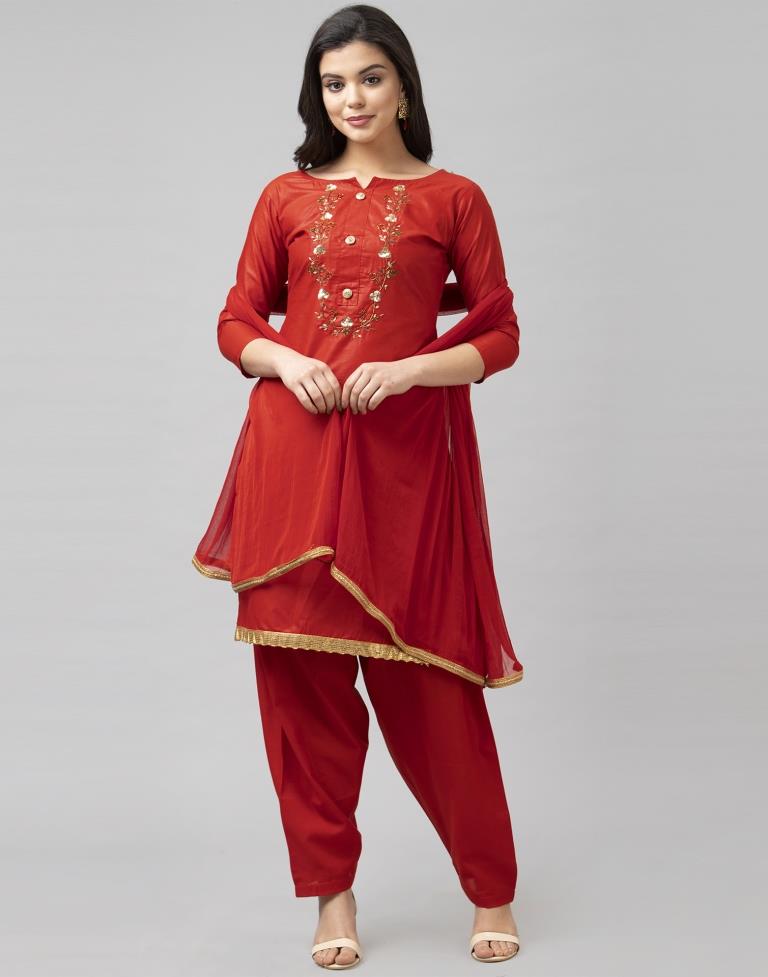 Fire Brick Red Cotton Embroidered Unstitched Salwar Suit | Sudathi