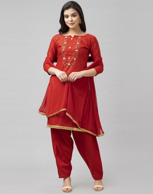 Fire Brick Red Cotton Embroidered Unstitched Salwar Suit | Sudathi