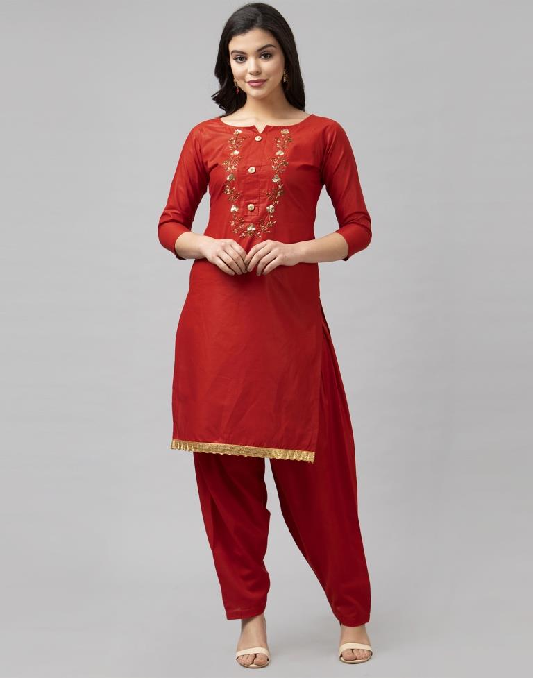 Fire Brick Red Cotton Embroidered Unstitched Salwar Suit | Sudathi